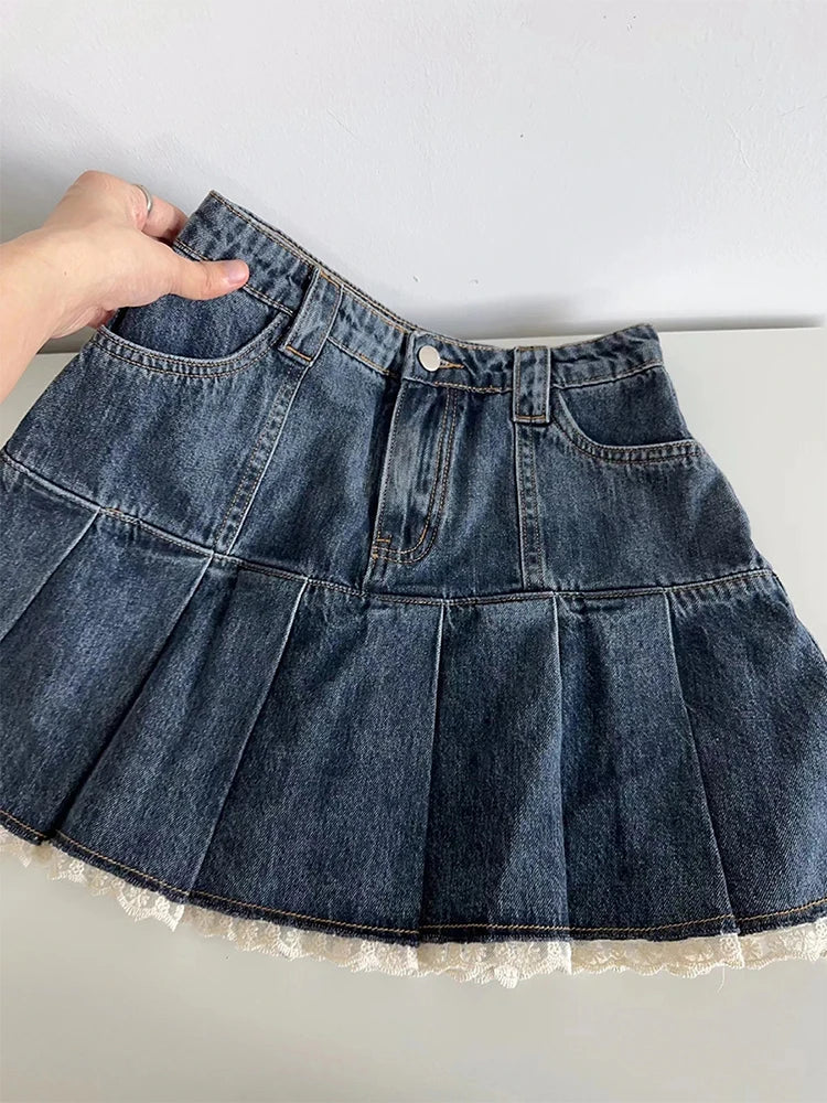 lehuaren American Retro Kawaii Denim Mini Skirt Women Sexy Gyaru Lace Patchwork High Waist Pleated Jean Skirts Y2k Shorts Summer