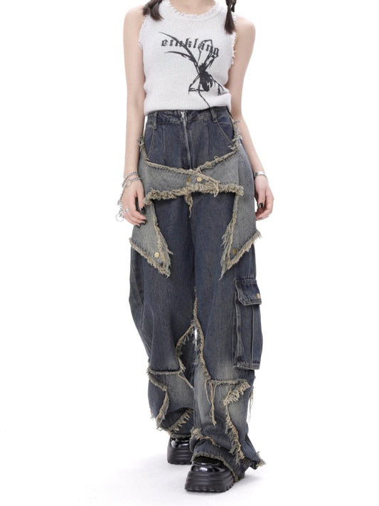 lehuaren American Style Retro High Street Jeans Women Summer Loose Wide Leg Pants Trendy Punk Casual Baggy Star Tassel Trousers Y2K