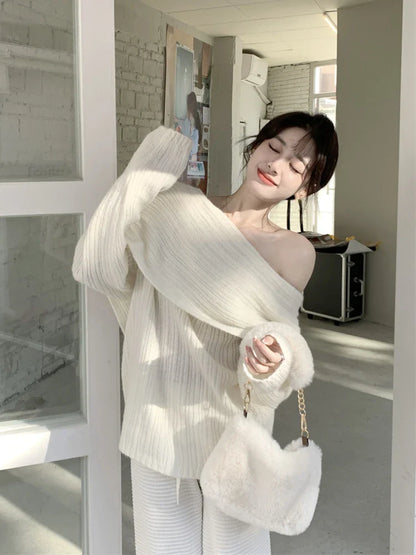 lehuaren Autumn Design Sexy White Knitted Sweater Women Long Sleeve Pure Color Korean Fashion Y2k Clothing Elegant Pullover Female