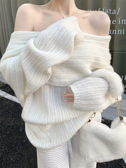 lehuaren Autumn Design Sexy White Knitted Sweater Women Long Sleeve Pure Color Korean Fashion Y2k Clothing Elegant Pullover Female