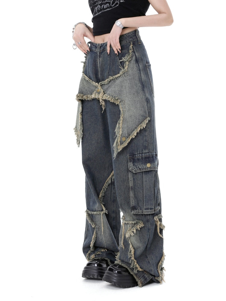 lehuaren American Style Retro High Street Jeans Women Summer Loose Wide Leg Pants Trendy Punk Casual Baggy Star Tassel Trousers Y2K