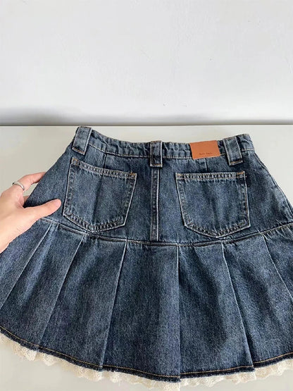 lehuaren American Retro Kawaii Denim Mini Skirt Women Sexy Gyaru Lace Patchwork High Waist Pleated Jean Skirts Y2k Shorts Summer