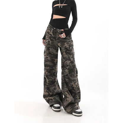 lehuaren American Retro High Street Casual Overalls Camouflage Loose Wide Leg Pants For Women Y2k Hip-hop Cargo Grunge Baggy Trousers