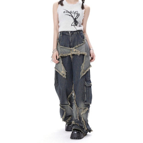 lehuaren American Style Retro High Street Jeans Women Summer Loose Wide Leg Pants Trendy Punk Casual Baggy Star Tassel Trousers Y2K