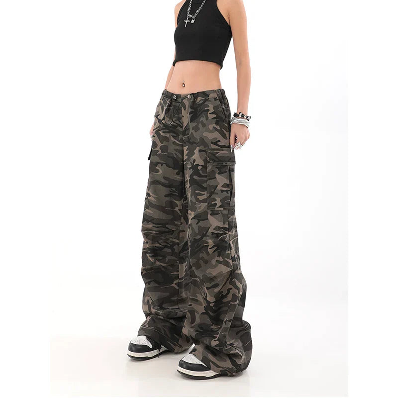 lehuaren American Retro High Street Casual Overalls Camouflage Loose Wide Leg Pants For Women Y2k Hip-hop Cargo Grunge Baggy Trousers