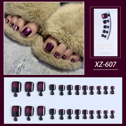 lehuaren 24pcs Glitter Purple Aurora y2k False Toe Nails with Designs Cat's Eye Fake Foot Nails Full Cover Press on Square Feet Nail Tips