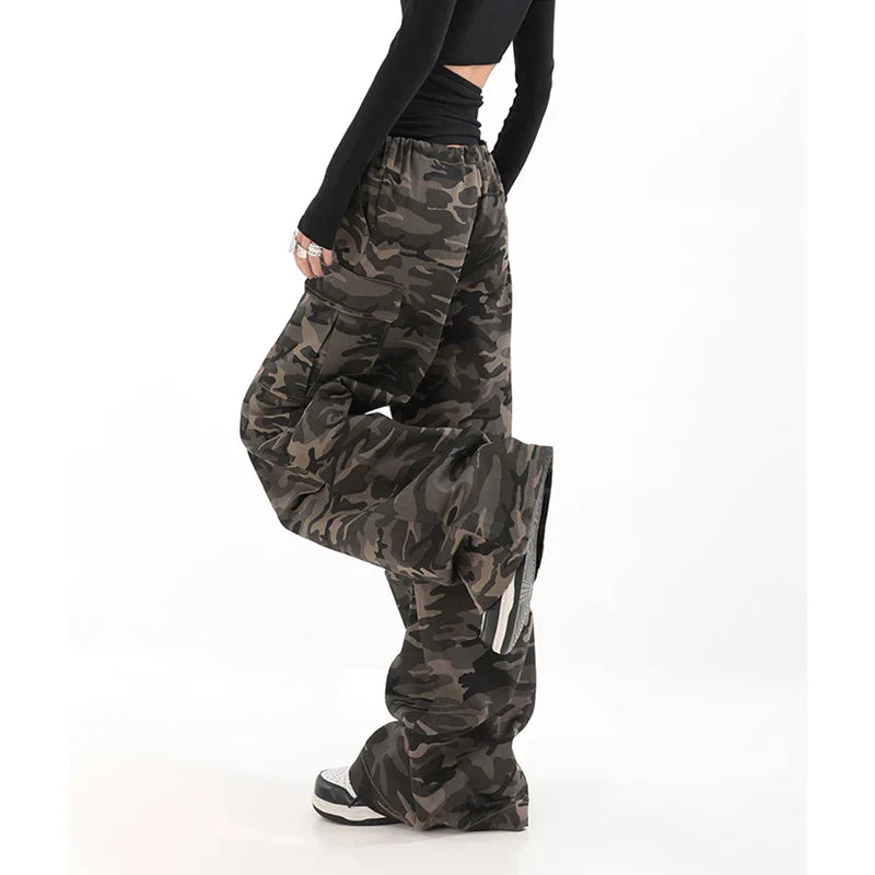 lehuaren American Retro High Street Casual Overalls Camouflage Loose Wide Leg Pants For Women Y2k Hip-hop Cargo Grunge Baggy Trousers