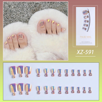 lehuaren 24pcs Mirror Aurora Y2k False Toe Nails With Designs Short Square Fake Glitter Foot Nails Set Full Cover Press On Feet Nail Tips